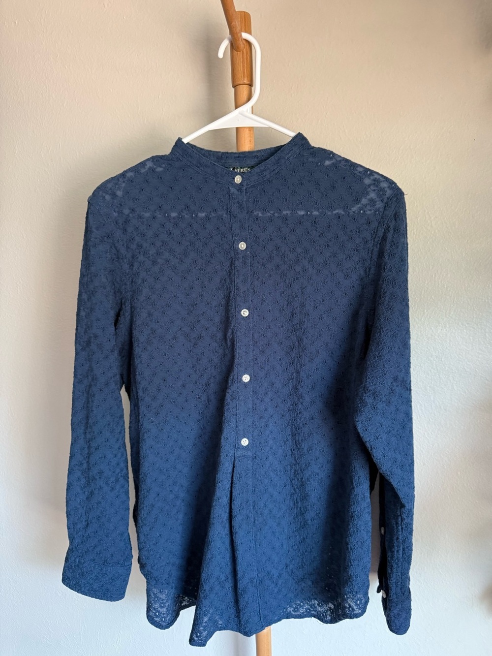 Ralph Lauren Navy Blue Eyelet Long Sleeve Cotton Button Down Blouse Size Medium